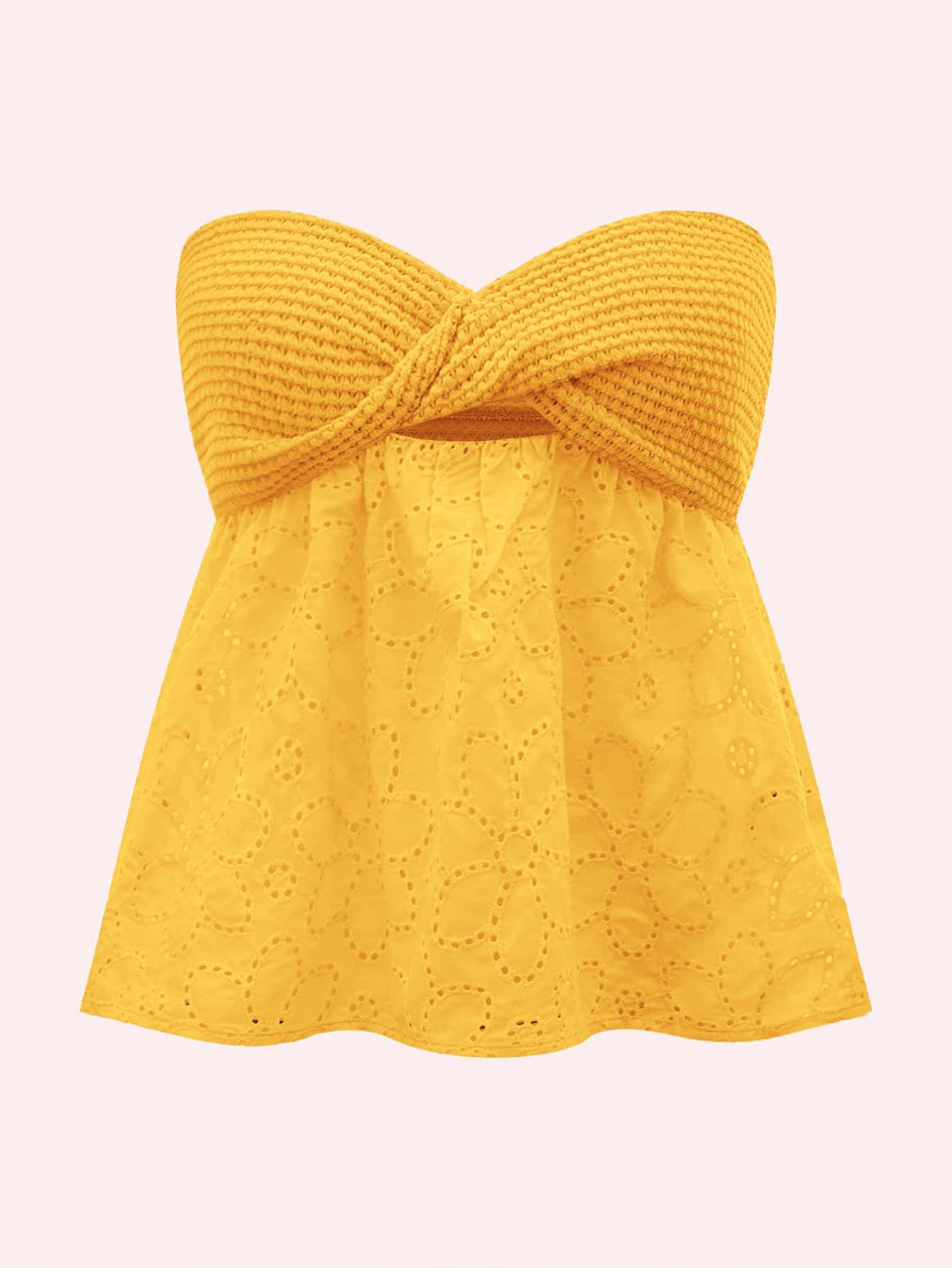 Soleia 前扭結鏤空網眼刺繡抹胸上衣 - 黃色 - 查看 1