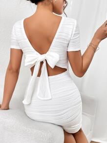 SHEIN Privé Đầm Lộ Lưng Buộc lại màu trơn Gợi cảm - trắng - Xem 3