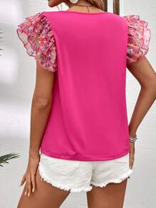SHEIN Clasi Camiseta con estampado floral de malla en contraste de manga mariposa - Rosa Fucsia - Ver 2
