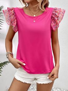 SHEIN Clasi Camiseta con estampado floral de malla en contraste de manga mariposa - Rosa Fucsia - Ver 3