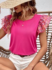 SHEIN Clasi Camiseta con estampado floral de malla en contraste de manga mariposa - Rosa Fucsia - Ver 1