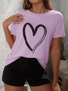 SHEIN LUNE 愛心圖案T恤和短褲 - 紫丁香色 - 查看 1