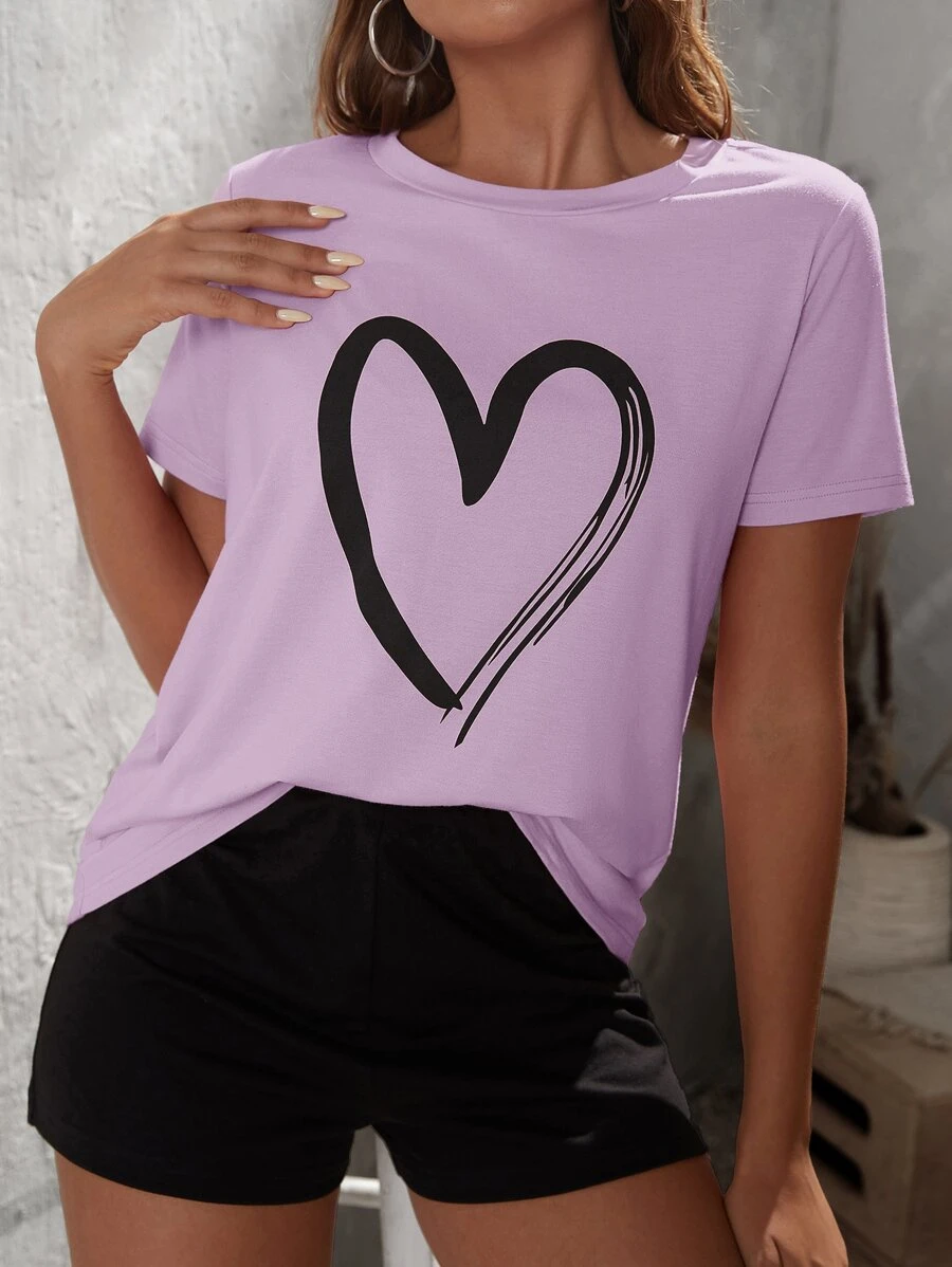 SHEIN LUNE 愛心圖案T恤和短褲 - 紫丁香色 - 查看 1