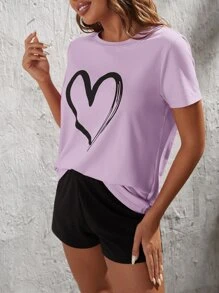 SHEIN LUNE 愛心圖案T恤和短褲 - 紫丁香色 - 查看 3