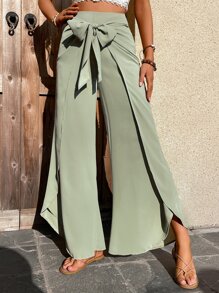 Breezaya Tie Front Wrap Hem Wide Leg Pants - Mint Green - View 3