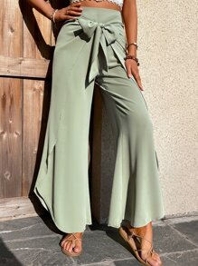 Breezaya Tie Front Wrap Hem Wide Leg Pants - Mint Green - View 6