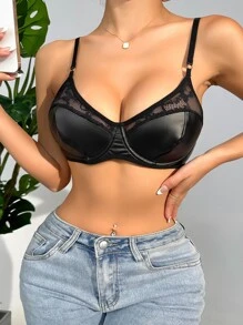 Sujetador con encaje en contraste con aro - Negro - Ver 1