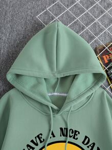 Manfinity Dauomo 男士表情和標語圖案抽繩加絨內裏連帽衫 - 薄荷綠 - 查看 6