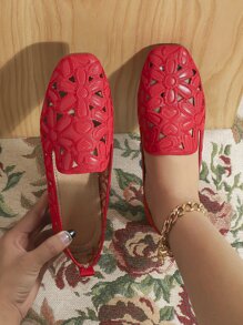 Fashion Red Loafer Shoes For Women, Hollow Out Square Toe Flats - Red - View 2