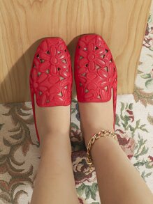 Fashion Red Loafer Shoes For Women, Hollow Out Square Toe Flats - Red - View 3