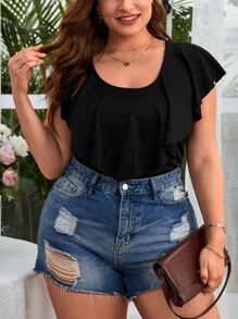 SHEIN Privé Plus Solid Ruffle Trim Bodysuit - Black - View 5