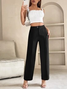 SHEIN PETITE 高腰接缝细节直腿春季黑色裤子 - 黑色 - 查看 4