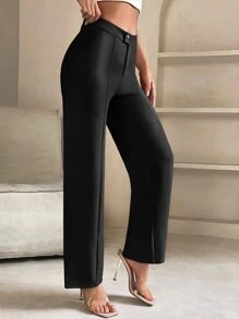 SHEIN PETITE 高腰接缝细节直腿春季黑色裤子 - 黑色 - 查看 5