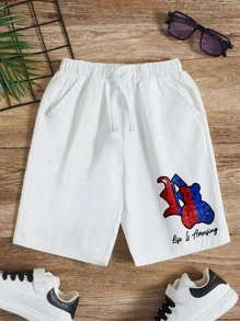 SHEIN Boys Cartoon & Letter Graphic Drawstring Waist Shorts - White - View 1