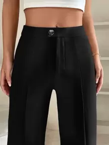 SHEIN PETITE 高腰接缝细节直腿春季黑色裤子 - 黑色 - 查看 6