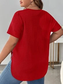 SHEIN LUNE 大碼素色V領下擺開叉T恤 - 紅色 - 查看 2