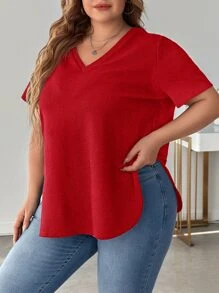 SHEIN LUNE 大碼素色V領下擺開叉T恤 - 紅色 - 查看 4