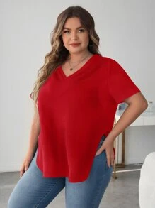 SHEIN LUNE 大碼素色V領下擺開叉T恤 - 紅色 - 查看 5