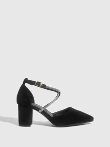 SHEIN X Lucía Bellido CUCCOO CHICEST 女士鞋时尚水钻装饰尖头仿麂皮粗跟迷人黑色踝带高跟鞋夏季毕业高跟鞋舞会高跟鞋度假鞋夏季促销优雅高跟鞋圣诞节秋季新年假期 - 黑色 - 查看 5