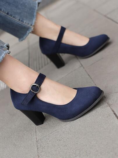 Modische blaue Mary Jane Pumps für Frauen, Schnallen Dekor, Kunstleder Pumps mit klobigen Absätzen