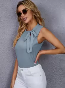 SHEIN Clasi Tie Neck Solid Sleeveless Blouse - Dusty Blue - View 4