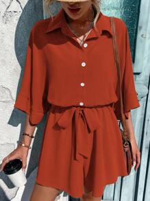 SHEIN LUNE Button Front Batwing Sleeve Belted Shirt Romper - Rust Brown - View 1
