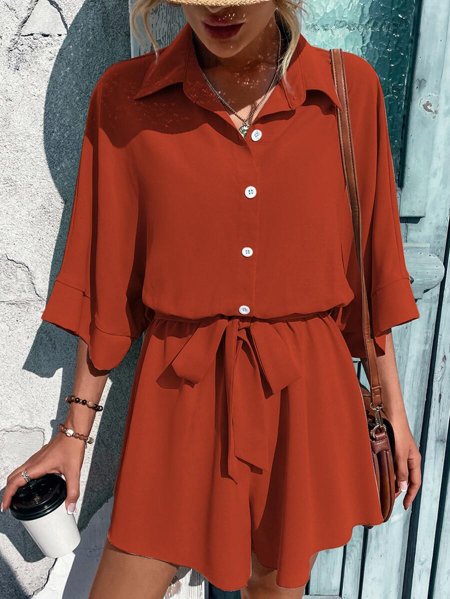 SHEIN LUNE Button Front Batwing Sleeve Belted Shirt Romper - Rust Brown - View 1
