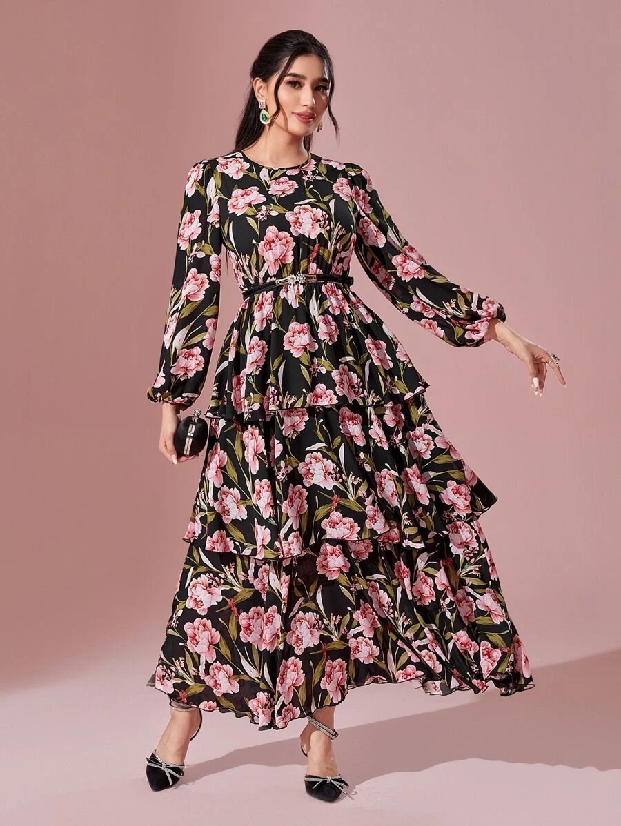 Modelyn 印花燈籠袖層疊下擺洋裝不附腰帶 - 彩色 - 查看 1