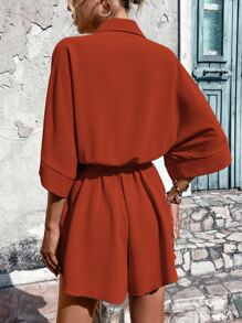 SHEIN LUNE Button Front Batwing Sleeve Belted Shirt Romper - Rust Brown - View 2