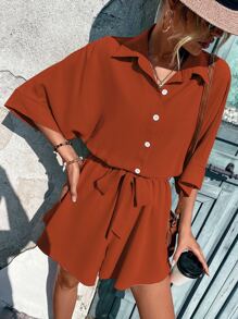 SHEIN LUNE Button Front Batwing Sleeve Belted Shirt Romper - Rust Brown - View 4