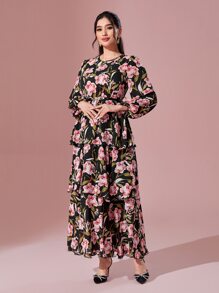 Modelyn 印花燈籠袖層疊下擺洋裝不附腰帶 - 彩色 - 查看 4