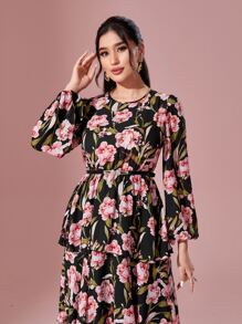 Modelyn 印花燈籠袖層疊下擺洋裝不附腰帶 - 彩色 - 查看 5