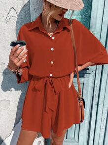 SHEIN LUNE Button Front Batwing Sleeve Belted Shirt Romper - Rust Brown - View 5