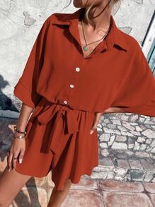 SHEIN LUNE Button Front Batwing Sleeve Belted Shirt Romper - Rust Brown - View 6