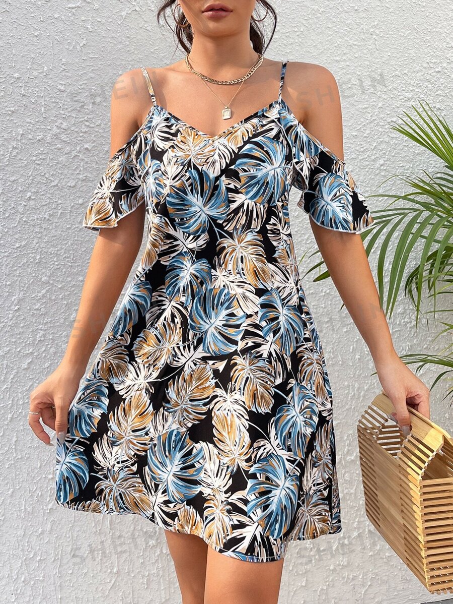 SHEIN VCAY Vestido De Hombros Descubiertos Con Estampado Tropical Para El Verano