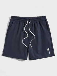Manfinity VCAY Pantalones Cortos Para Hombres Con Cintura Con Cordón E Impresión De Árbol De Coco - Azul Marino - Ver 1