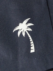 Manfinity VCAY Pantalones Cortos Para Hombres Con Cintura Con Cordón E Impresión De Árbol De Coco - Azul Marino - Ver 3