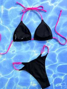 Swim SXY Summer Beach Ribbed Tie Back Triangle Bra Top & Thong 2 Pieces Bikini Set - Black - View 2