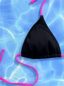 Swim SXY Summer Beach Ribbed Tie Back Triangle Bra Top & Thong 2 Pieces Bikini Set - Black - View 3