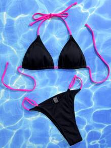 Swim SXY Summer Beach Ribbed Tie Back Triangle Bra Top & Thong 2 Pieces Bikini Set - Black - View 4