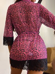Leopard Lace Trim Belted Robe With Thong - Violet Purple - View 2