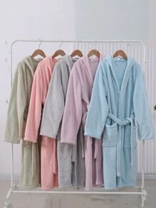 1pc Coral Fleece 3D Striped Hooded Bathrobe, Loungewear, Spa, Sauna, Swimming, Gift - Pink - View 3