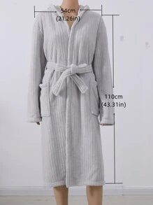 1pc Coral Fleece 3D Striped Hooded Bathrobe, Loungewear, Spa, Sauna, Swimming, Gift - Pink - View 4