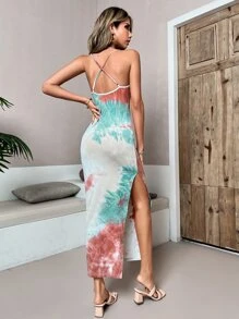 SHEIN Privé 紮染高衩吊帶連衣裙 - 彩色 - 查看 2
