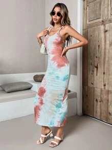 SHEIN Privé 紮染高衩吊帶連衣裙 - 彩色 - 查看 6