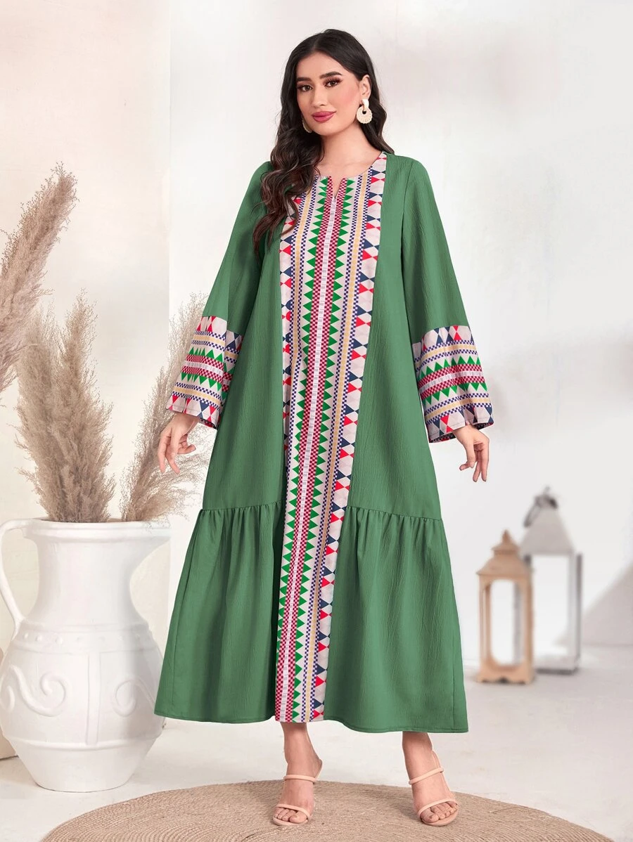 Al Najma Geo Print Ruffle Hem Smock Dress - Multicolor - View 1