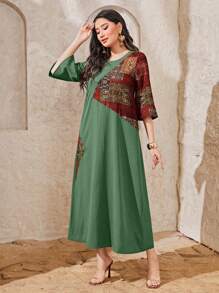 Seusyu 撞色拼接圖案荷葉袖連衣裙 - 綠色 - 查看 1