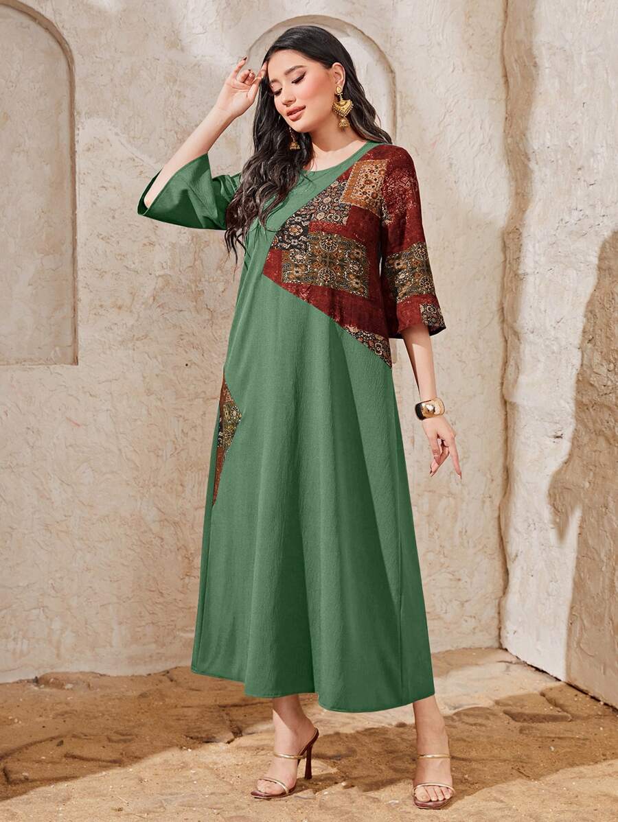 Seusyu 撞色拼接圖案荷葉袖連衣裙 - 綠色 - 查看 1