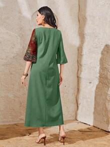 Seusyu 撞色拼接圖案荷葉袖連衣裙 - 綠色 - 查看 2