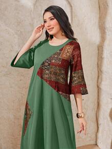 Seusyu 撞色拼接圖案荷葉袖連衣裙 - 綠色 - 查看 3